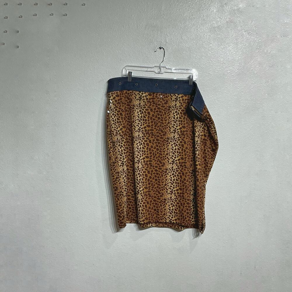 Erika Brooke Tan Leopard Sequins Denim Vintage Midi Skirt Sz 24